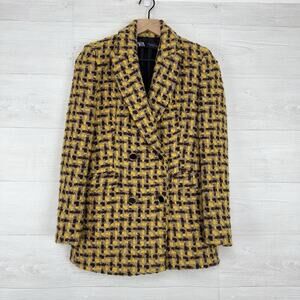 Zara Tweed Double Breasted Textured Weave Blazer Jacket Size XS Yellow Academia